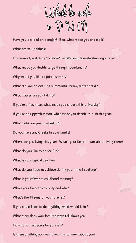 Questions for sorority recruitment Vp Membership Sorority, Questions To Ask Sorority Recruitment, Chapter Themes Sorority, Sorority Line Names Ideas, Social Ideas Sorority, Questions To Ask During Sorority Rush, Sorority Questions, Sisterhood Themes Sorority, Sorority Superlatives Ideas