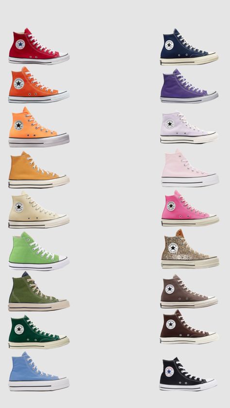 Converse Shoes All Colors, Best Color Converse, High Top Converse Colors, Converse Shoes Colors, Colorful Converse Aesthetic, Converse Collection Aesthetic, Rainbow Shoes Outfit, Best Converse Colors, Converse Shoes Collection