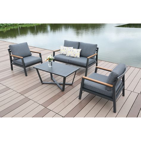 Ideal for any relaxed outdoor living space, the Manhattan 4-Piece Settee set is the perfect addition to any outdoor living space. Crafted in a gray aluminum frame, this set will provide years of use and beautiful memories along side family and friends. Grey Outdoor Furniture, Iron Furniture Design, Steel Sofa, Metal Outdoor Furniture, Patio Conversation Sets, Beautiful Memories, Iron Furniture, Balcony Design, Conversation Set Patio