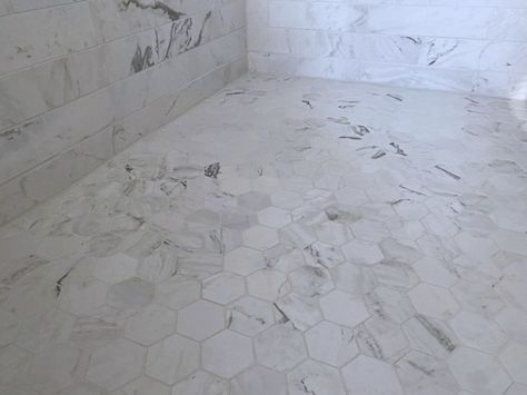 Two Big Mistakes I Made Choosing Shower Tile - Entri Ways Shower Tile Placement Ideas, Shower Floor Large Tile, Big Tile For Shower Walls, Large Tile On Shower Floor, Matching Bathroom Floor And Shower Tile, Best Shower Floor Material, Coordinating Bathroom Floor And Shower Tile, Matching Floor And Shower Tile, Large Format Shower Tile Ideas