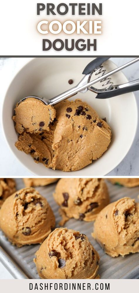 This easy and healthy recipe for edible protein cookie dough is the perfect on-the-go snack or dessert. Made with simple ingredients, this healthy snack idea is perfect for those who want to hit their protein goal - but still want to enjoy their cravings. This easy protein dessert freezes well and is perfect for meal prep. Protein Powder Recipes Easy, Easy Protein Desserts, Healthy Sweet Snacks Easy, Cookie Dough Recipe Edible, Protein Edible Cookie Dough, Cookie Dough No Flour, Edible Cookie Dough No Flour, Edible Protein Cookie Dough, Edible Cookie Dough For One