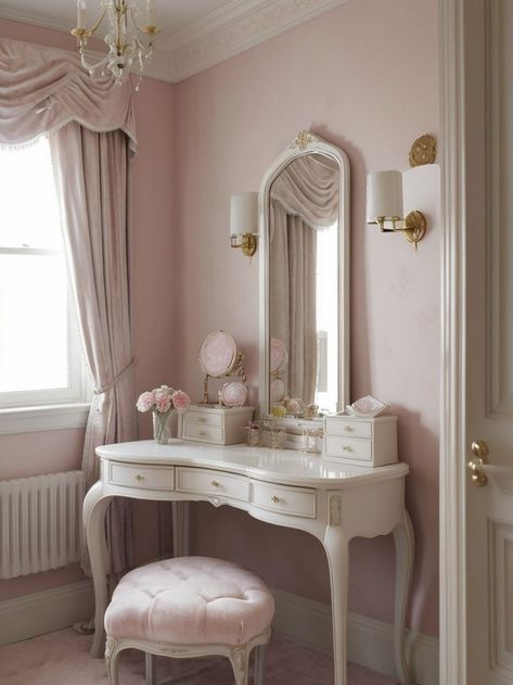 Victorian Pink Bedroom, Pink Victorian Bedroom, Blair Waldorf Bedroom, Vintage Vanity Aesthetic, Pink Bedroom Accessories, Victorian Bedroom, Feminine Bedroom, Vanity Room, Girly Room