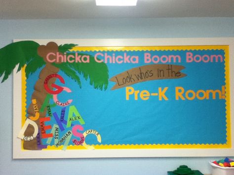 Welcome to School! "Chicka Chicka Boom Boom! Look Who's in the Pre-K Room!" Bulletin board Chicka Chicka Boom Boom Bulletin Board Ideas, Chick A Chicka Boom Boom Bulletin Board, Chick Chicka Boom Boom Activities Prek, Pre K Board Ideas, Chicka Chicka Boom Boom Bulletin Board Preschool, Chica Chica Boom Boom Bulletin Board Ideas, Back To School Pre K Bulletin Boards, Chicks Chicka Boom Boom Bulletin Board, Pre K Decorating Ideas