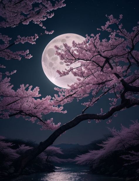 Spring Moon Aesthetic, Cherry Blossom Moon Painting, Cherry Blooms Wallpaper, Moon Nature Aesthetic, Cherry Blossom Pfp Aesthetic, Japanese Moon Art, Cherry Blossom Background Aesthetic, Moon With Cherry Blossom, Flower Moon Wallpaper