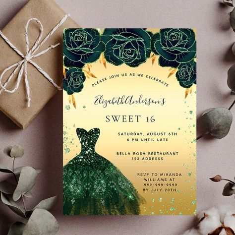 Sweet 16 Emerald Green, Green Gold Dress, Sweet Sixteen Party Themes, Birthday Party Sweet 16, Sparkles Dress, Western Centerpieces, Green And Gold Dress, Sweet 16 Themes, 16 Invitations