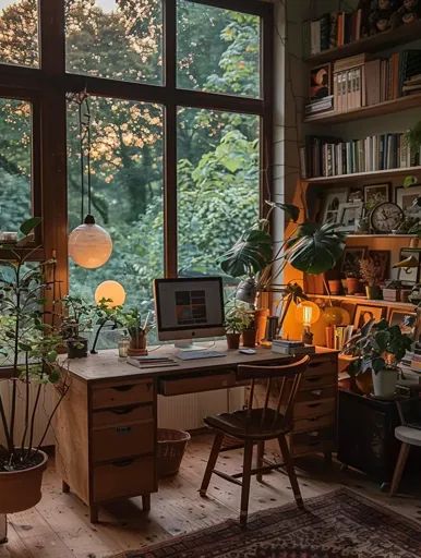 ↑↑↑ Larger size on website 🔸 A wooden desk with drawers sits in a room with large windows overlooking a lush green forest. The de 🔸 From Midjourney AI Image Greenhouse Desk, Desk Against Window, Bay Window Office, Desk In Front Of Window, Wooden Desk With Drawers, Forest Office, Room With Large Windows, Art Workspace, Italy Countryside