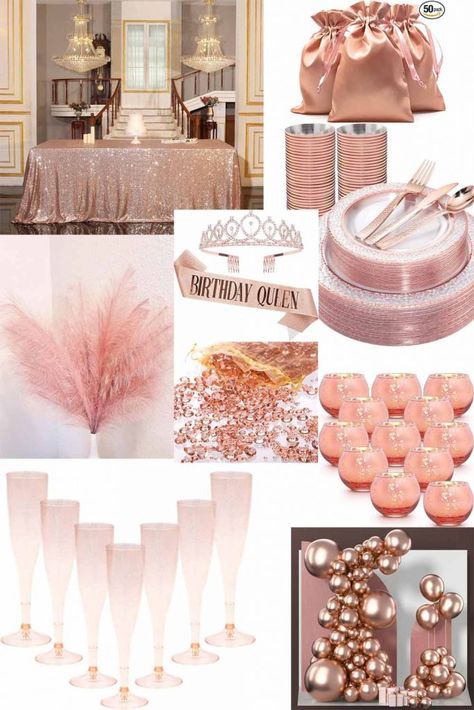 15 Stunning Rose Gold Party Theme Ideas - Baer Design Studio Golden Rose Birthday Party, Rose Gold Glam Birthday Party, Blush Pink Birthday Party Decorations, Birthday Color Theme Ideas, Deco Anniversaire Rose Gold, Rose Gold 40th Birthday Ideas, Rose Gold Decorations Birthday, Rose Gold Decorations Party, Rose Gold Party Decorations Birthday