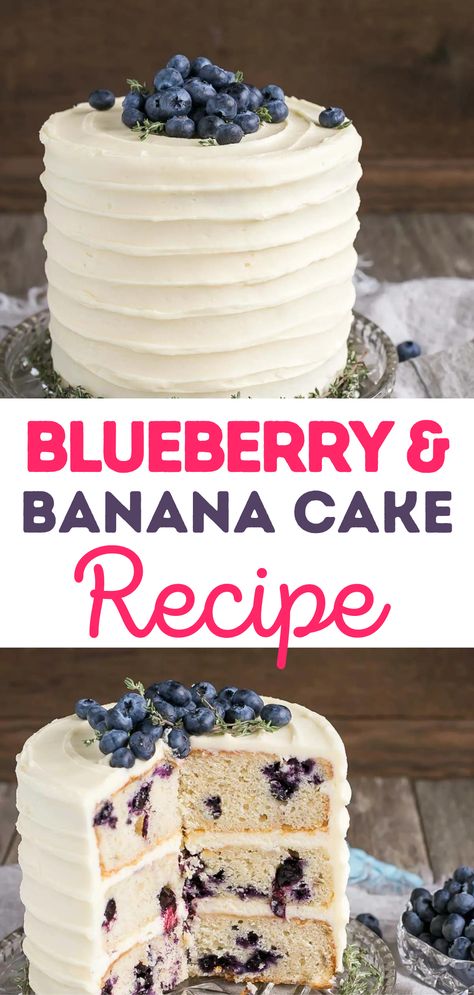 Looking for the perfect summer picnic dessert? Look no further than this easy blueberry banana cake recipe! Our best banana cake recipe is taken to the next level with the addition of juicy blueberries throughout. And to top it off, a homemade cream cheese frosting that is simply divine. This dessert is sure to be a crowd-pleaser at your next outdoor gathering. Try it out today and be the hit of the party! Dairy Free Blueberry Cake, Blueberry Box Cake Recipes, Yogurt Blueberry Cake, Banana And Blueberry Cake, Banana Blueberry Cake Recipe, Blueberry Smash Cake 1st Birthdays, Blueberries For Sal Birthday, Blueberry First Birthday Cake, Smash Cake Frosting Recipe