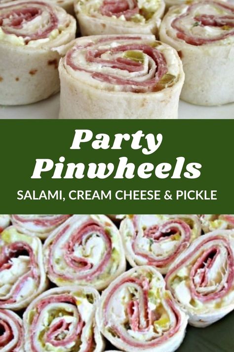 Easy Pinwheel Appetizers, Pickle Pinwheels, Rollups Appetizers, Pinwheel Appetizers Easy, Salami Cream Cheese, Party Pinwheels, Cream Cheese Pinwheels, Pinwheel Sandwiches, Cream Cheese Roll Up