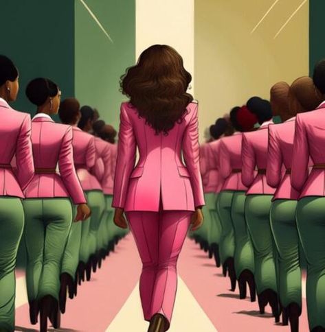 Woman leader walks through crowd of Black women in pink and green suits.  Formation 2024!  Great for digital wallpaper or for home or office decor.  Digital download - frame not included.  Resolution of image clears upon purchase within downloaded file. Aka Sorority Pictures, Aka Birthday, Greek Board, Woman Leader, Alpha Kappa Alpha Paraphernalia, Green Suits, Sorority Pictures, Alpha Kappa Alpha Sorority Paraphernalia, Aka Sorority Gifts