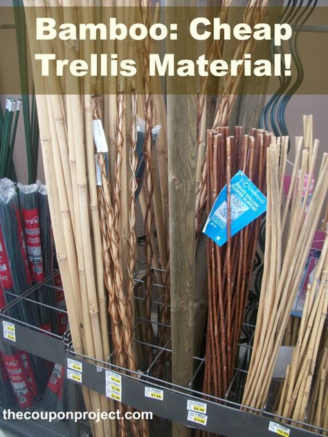 Using Bamboo as Garden Trellis | The Coupon Project Wood Garden Trellis Ideas Diy, Diy Bamboo Trellis For Potted Plants, Bamboo Stakes Garden, Easy Trellis Diy, Diy Wooden Trellis, Luffa Trellis Diy, Homemade Trellis Ideas, Garden Trellis Ideas Diy, Cheap Trellis