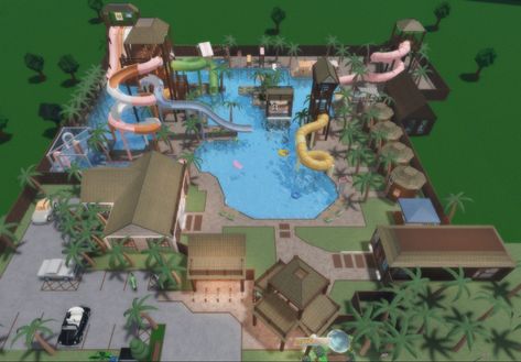 Bloxburg Amusement Park Layout, Bloxburg Community Pool, Bloxburg Indoor Waterpark, Bloxburg Water Slide Ideas, Waterpark Bloxburg Layout, Bloxburg Hotel Pool Ideas, Theme Park Bloxburg, Water Park Layout Bloxburg, Bloxburg Splash Pad