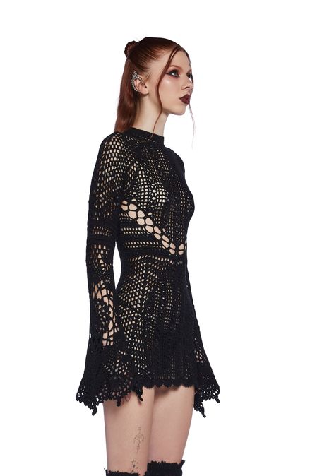 Vivienne Westwood Crochet Dress, Crochet Thread Clothes, Knitted Mini Dress, Crochet Fall Dress, Crochet Alternative Clothing, Black Crochet Ideas, Crochet Bell Sleeve Dress, Bell Sleeve Outfit, Sheer Dress Black