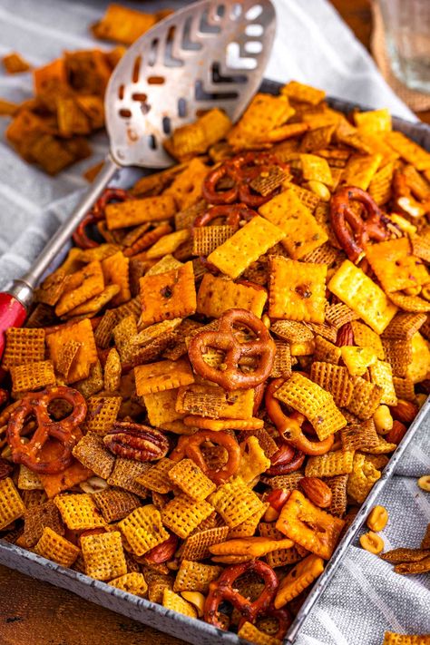 Spicy Snack Mix (Firecracker Chex Mix) Holiday Spicy Chex Mix Recipes, Cheez It Chex Mix Recipe, Spicy Cracker Mix Recipes, Chex Mix Recipes Original Spicy, Everything Ranch Cheese And Pretzel Snack Mix Half Baked Harvest, Chec Mix Recipe Savory, Spicy Chex Mix Recipes Crockpot, Spicy Trash Mix Recipe, Chef Mix Recipes Homemade