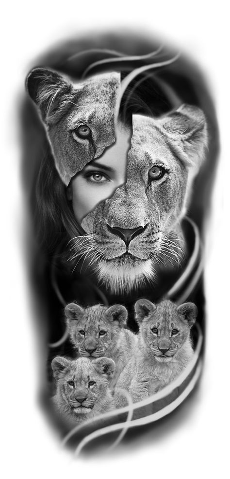 Lion Back Tattoo For Women, Half Lioness Half Woman Tattoo, Lioness Woman Tattoo, Tattoo Ideas Female Lioness, Mean Lion Tattoo, Animal Tattoo Leg Sleeve, Lion Lady Tattoo, Lioness Queen Tattoo, Female Lion With Cubs Tattoo