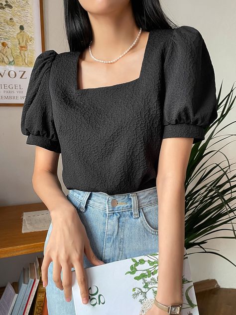 Black Casual Collar Short Sleeve Fabric Plain Top Embellished Slight Stretch Summer Women Tops, Blouses & Tee Puff Sleeve Top Outfit, Square Neck Puff Sleeve Top, Satin Blouse Outfit, Puff Sleeves Top, Korean Blouse, Outfits Con Jeans, Popular Shirt, Plain Blouse, Sleeve Fashion