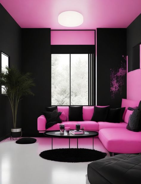 Pink And Black Walls, Black And Pink Living Room Decor, Black Pink Room, Pink House Interior, Luxury Modern House, Salon Aesthetic, Pink Office Decor, Pink Living Room Decor, Tattoo Tips