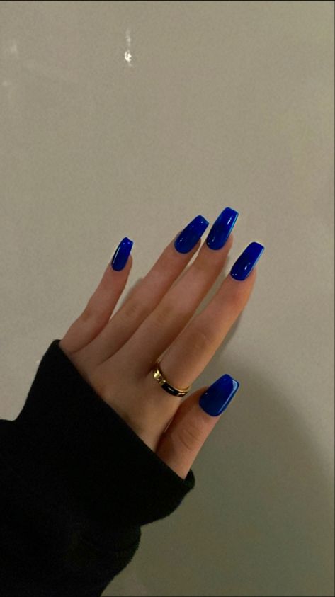 Dark Blue Oval Acrylic Nails, Electric Blue Nails Coffin, Summer Nail Inspo Coffin Blue, Nails Blue Electric, Blue Monochrome Nails, Hot Blue Nails, Electric Blue Nails Acrylic, Blue Electric Nails, Blue Coffin Shaped Nails