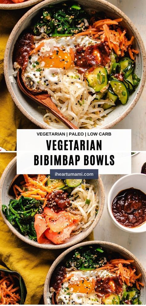 Healthy Bibimbap, Vegetarian Bibimbap, Izakaya Food, Korean Vegetarian Recipes, Umami Recipes, Korean Vegetarian, Bibimbap Sauce, Okinawa Diet, Gochujang Recipe