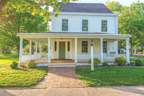 Built by Col. John Youngs in 1688, this Champlin Place home is believed to be Greenport’s first English residence. The house was originally located on what is now Robinson Road; the property was listed for sale earlier this month. (Credit: Courtesy photos) 1900 Farmhouse Exterior, Big Porch House, Farmhouse Front Porch Decor, Colorful Farmhouse, Big Porch, Farmhouse Exterior Design, Building A Porch, Fresh Farmhouse, Farmhouse Front Porches