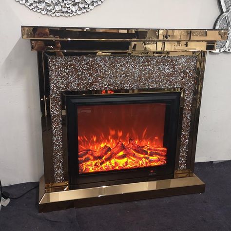 Factory wholesale electric diamond crushed gold mirrored fireplace Fireplace Insert Ideas Decor, Glam Fireplace, Mirrored Fireplace, Gold Fireplace, Gold Tv Stand, Fireplace Electric, Fireplace Console, Brick Fireplace Makeover, Glam Living