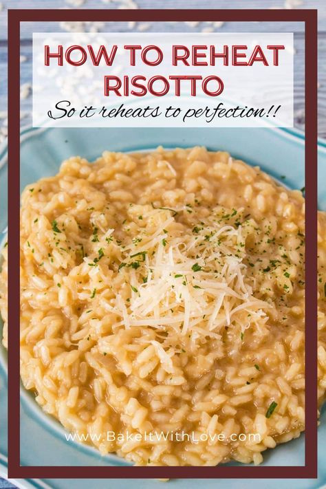 Tasty parmesan risotto plated with freshly shredded parmesan and parsley with how to reheat risotto text header. Text Header, Leftover Risotto, How To Make Risotto, Parmesan Risotto, Risotto Recipes, Make Ahead Meals, Back To Life, Orzo, Christmas Dinner