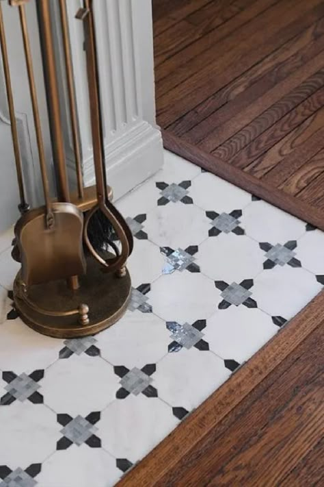 Detail of tile on hearth of fireplace in primary bedroom of Fixer Upper The Castle renovation. Castle Renovation, French Country Tile, French Country Fireplace, Fireplace Hearth Tiles, Hearth Tiles, Country Fireplace, Waco Texas, Fireplace Hearth, Mansions For Sale