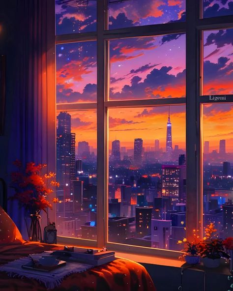 Sunset in the city from the window 🪟🌅 [ So glad you saw this photo ] #ai #aiartwork #vibes #aiart #ligemi #sunset #vibe #chill #wallpaper #lofihiphop #landscape #view #door #city #dreams Sunset Window Drawing, Photo Room Ideas, Sunset Through Window, Purple Scenery, Room Ideas Wallpaper, Lofi Wallpaper, Alien House, Sunset Window, Chill Wallpaper