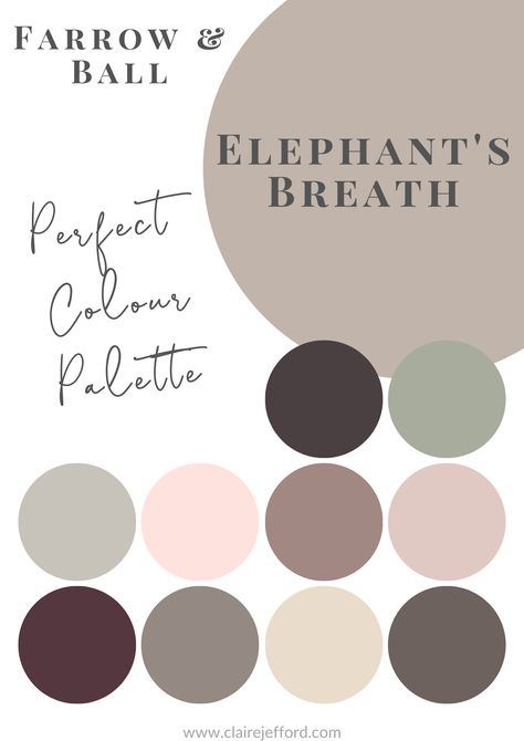 Select colour combinations that will work beautifully together with Elephant's Breath by Farrow & Ball. Our Perfect Colour Palettes help you confidently select the best colour for your home, and then see which trim, ceiling, and accent colours pair well with your selected colour. Choose the perfect interior paint colours the first time, every time. Elephant Breath Kitchen Cabinets, Elephants Breath Kitchen Cabinets Farrow Ball, Mink Coloured Living Room, Color Palette For Bedroom Colour Schemes, Mink Colour Bedroom, Farrow And Ball Warm Neutrals, Colour Schemes For Hallways, Small Hallway Colour Schemes, Mink Colour Palette