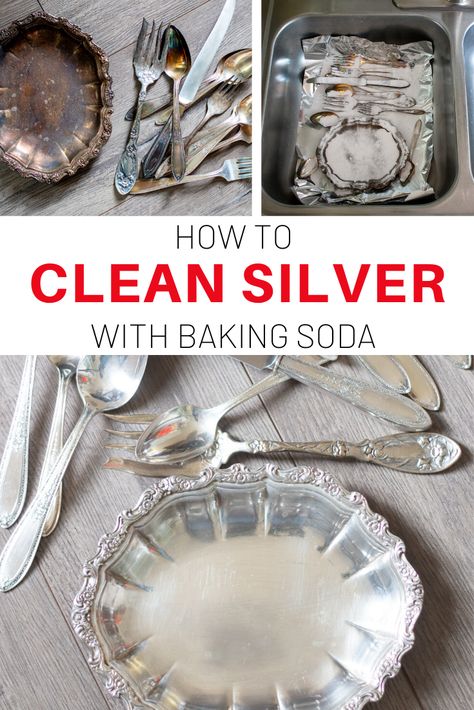 This recipe for how to clean silver with baking soda and aluminum foil is the best ever natural silver polish and tarnish remover. It works like magic and the tarnish literally disappears right before your eyes. #Cleaning #TheHowToHome #Homemaking #Homekeeping #NaturalCleaner #BakingSoda #Vintage #Silver Plate Upcycle, Appliance Organization, Decluttering Kitchen, Clean Silverware, Kitchen Decluttering, Cleaning Tarnished Silver, How To Clean Silverware, Cleaning Silver, Baking Soda Benefits