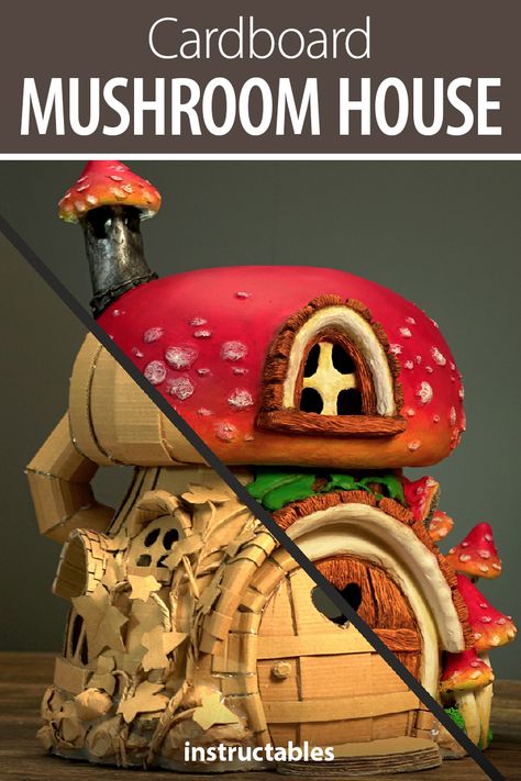 Diy Mushroom House, Cardboard Mushroom, House From Cardboard, Diy Mushroom, Fairy House Crafts, Clay Fairy House, House Lamp, Fairy House Diy, Creative Mom