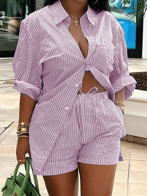 Hot Pink Casual Collar   Striped  Embellished Slight Stretch  Women Plus Clothing Bold Dresses, Stripe Outfits, Striped Long Sleeve Shirt, Women's Wear, Outfit Set, Patterned Shorts, Shirt Collar, Striped Long Sleeve, Stripe Print