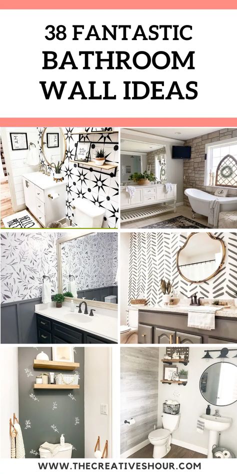 38 Awesome Bathroom Wall Ideas That You Should Try Guest Bathroom Wall Ideas, Peel And Stick Wallpaper Accent Walls Bathroom Ideas, Bathroom Wall Texture Ideas, Shiplap And Wallpaper Bathroom, Batten Board Walls Bathroom, Bathroom Wall Stencil Ideas, Bathroom Wall Treatments, Bathroom Wallpaper Ideas Accent Wall, Wall Ideas For Bathroom