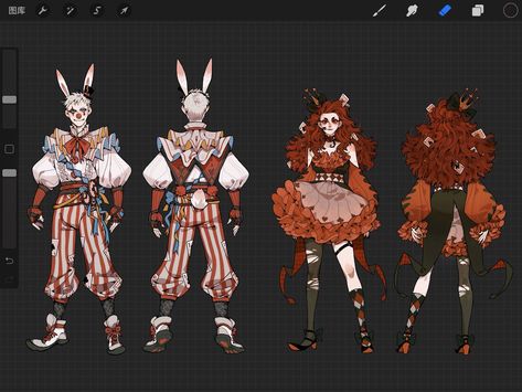 Clown Designs Art, Clown Oc Art Inspiration, Circus Oc Design, Fantasy Galaxy Dress, Clown Design Art, Clown Design Character, Cute Jester Outfit, Dnd Jester Character, Circus Character Art