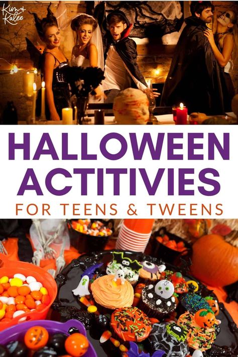 With these fun Halloween party activities for teens, you’ll have great ways to keep the older kids at your celebration entertained all night. Daily Halloween Activities, Halloween Family Fun Night, Fun Things To Do At A Halloween Party, Halloween Party For Teens Ideas, Halloween Party Stations, Halloween Group Activities, Halloween Party Activities For Teenagers, Middle School Halloween Party, Halloween Party Ideas Activities