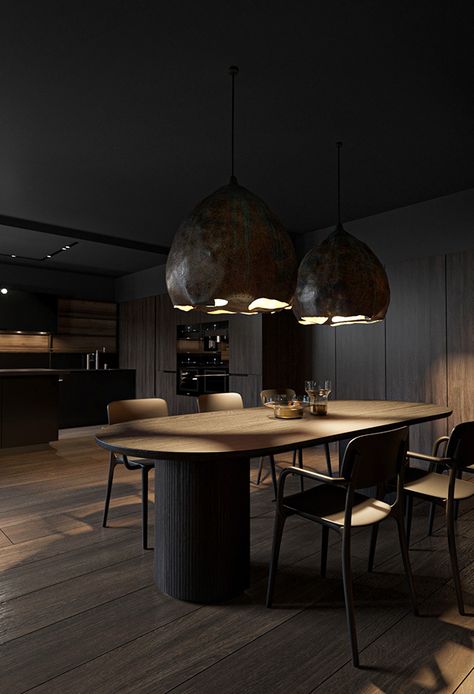 Dark apartment on Behance Apartment Japandi, Japandi Interiors Bedroom, Dark Apartment, Dark Interior Design, Dark Dining Room, Modern Apartment Interior, Interiors Bedroom, Bedroom Dark, Japandi Interiors