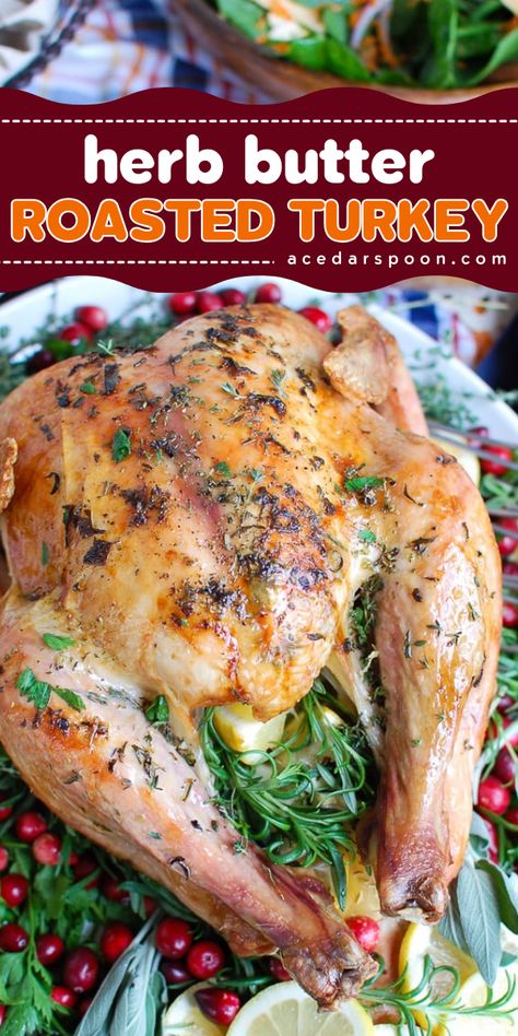 Make your Thanksgiving dinner party unforgettable with our herb butter roasted turkey recipe! This tender, flavorful turkey features a rich turkey butter rub, making it the perfect main dish for dinner. Pin this turkey butter rub recipe for tonight! Herb Butter Turkey, Butter Roasted Turkey, Butter Turkey, Turkey Rub, Moist Turkey, Rub Recipes, Turkey Recipe, Turkey Dinner, Ground Turkey Recipes