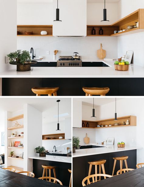 Wood Shelving, Modern Kitchen Interiors, Best Kitchen Designs, Kitchen Corner, Dark Kitchen Cabinets, Trendy Kitchen, Black Kitchens, Wood Kitchen, Luxury Kitchen