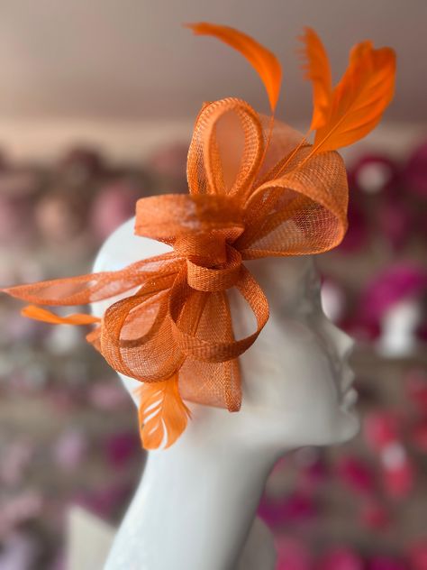 Isobel Orange Fascinator Headband-Fascinators Direct Fascinator Designs, Hats Outfit, Orange Fascinators, Fascinator Hats Outfit, Sinamay Fabric, Headband Fascinator, Sinamay Fascinator, Fascinator Hairstyles, Fascinator Headband