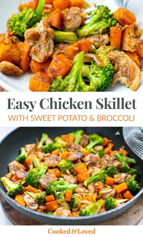 Looking for quick and easy chicken ideas for dinner? This One Pan Chicken & Veggies skillet is the ultimate dinner solution for busy nights when you want a healthy and satisfying meal without all the fuss. With juicy pan-fried chicken thighs, tender sweet potatoes and onions, crisp-tender broccoli, and fragrant garlic, this recipe is a satisfying meal that can be prepared in just one pan. It's gluten-free, Whole30, and paleo-friendly. via @irena_macri Chicken And Sweet Potato Recipe Healthy Meal Prep, Easy Chicken Ideas, Chicken And Sweet Potato Recipe Healthy, Chicken Ideas For Dinner, Chicken Thighs Sweet Potatoes, Sweet Potato And Broccoli, Sweet Potatoes And Broccoli, Pan Fried Chicken Thighs, Potato And Broccoli