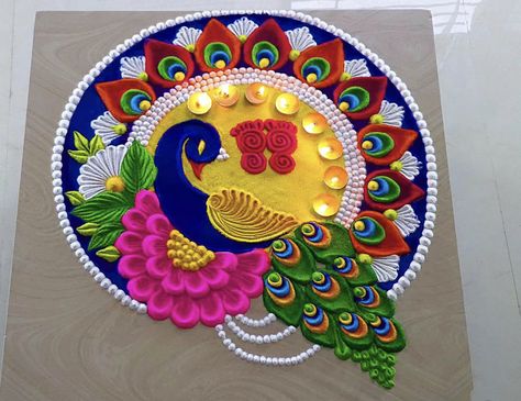 Rangoli Designs Lakshmi Puja, Rangoli Designs Diwali Peacock, Rangoli Designs Peacock Diwali, Latest Rangoli Designs Creative For Diwali, Peacock Rangoli For Diwali, Rangoli Designs Big Size, Beautiful Rangoli Designs Peacock, Kartik Purnima Rangoli, Rangoli Designs New Year Latest