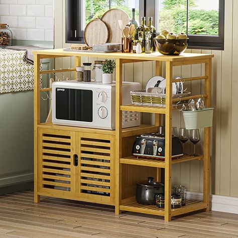 AmazonSmile - Bakers Rack for Kitchen,4-Tier Kitchen Storage Shelf Rack,Microwave Cart Coffee Bar Microwave Stand Rack with 4 Hooks,Bakers Racks for Kitchens with Storage (Single Row) - Standing Baker's Racks Coffee Bar Stand, Cart Coffee Bar, Small Kitchen Units, Bakers Racks, Kitchen Unit Designs, Kitchen Storage Shelf, Microwave Cart, Space Saving Furniture Bedroom, Free Standing Shelves