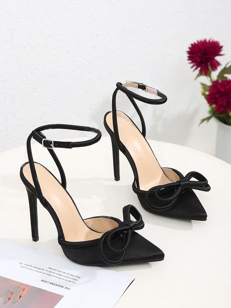 Black Fashionable    Plain Ankle Strap Embellished   Women Shoes Sunday Shoes For Women, Sunday Shoes Heels, Prom Inspo, Shoes Heels Classy, Heels Classy, Ankle Strap Pumps, Strap Pumps, Black Butterfly, Bow Detail