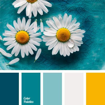 Color Palette #151 Delicate and fresh daisies. Dark blue, denim, turquoise, light blue harmonizes with white and yellow. This classic combination is suitable for a light summer image, and for formal business suit. Chamomile’s colors on light blue color do not hurt your eyes and cause irritation. Yellow Bath, Yellow And Teal, Room Dark, Color Schemes Colour Palettes, Black And White Love, Yellow Walls, घर की सजावट, Color Palette Design, Color Balance