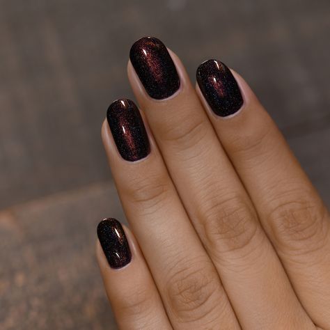 Powder Dipped Nails Chrome, Cool Dark Nails, Dark Shimmer Nails, Dark Nails Dip Powder, Dark Velvet Nails, Dark Brown Sparkle Nails, October Nails Dip Powder, Black Pearlescent Nails, Black Powder Nails