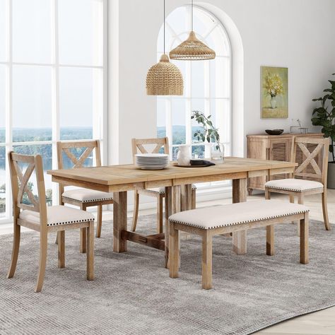 Farmhouse Dining Table Set, Extendable Dining Table Set, Kitchen Table Wood, Long Bench, Expandable Dining Table, Dining Furniture Sets, Dining Room Table Set, 4 Dining Chairs, Kitchen Table Settings