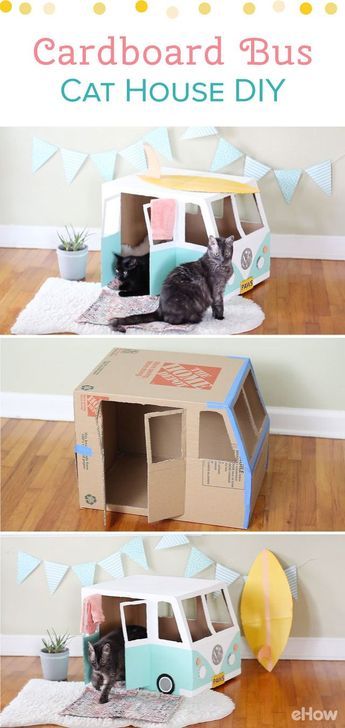 Cardboard Cat House Diy, Cardboard Bus, Katt Hus, Katt Diy, Diy Karton, Katt Grejer, Kat Diy, Cardboard Cat House, Chat Diy