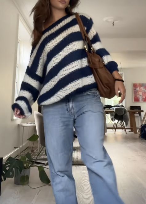 Striped Off The Shoulder Sweater, Chunky Off The Shoulder Sweater, Baggy Knit Sweater Outfit, Off Shoulder Sweater Aesthetic, Blue Adidas Outfit, Striped Knit Sweater, Melbourne Fashion, Cold Outfits, Sweater Outfit