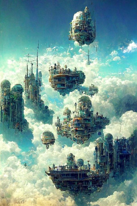 Floating Cities Fantasy Art, City In The Sky Fantasy Art, City In Sky Concept Art, City In The Clouds Concept Art, Floating Building Art, Floating City Art, Fantasy Cloud City, Steampunk Sky City, Sky City Concept Art