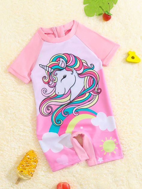 Pink  Collar  Fabric Cartoon,Colorblock One Pieces & Monokinis Embellished High Stretch  Baby Girls Clothing Unicorn Swimsuit, Baby Swimwear, Baby Unicorn, Costume Intero, Unicorn Print, Pink Collars, Monokini, Raglan Sleeve